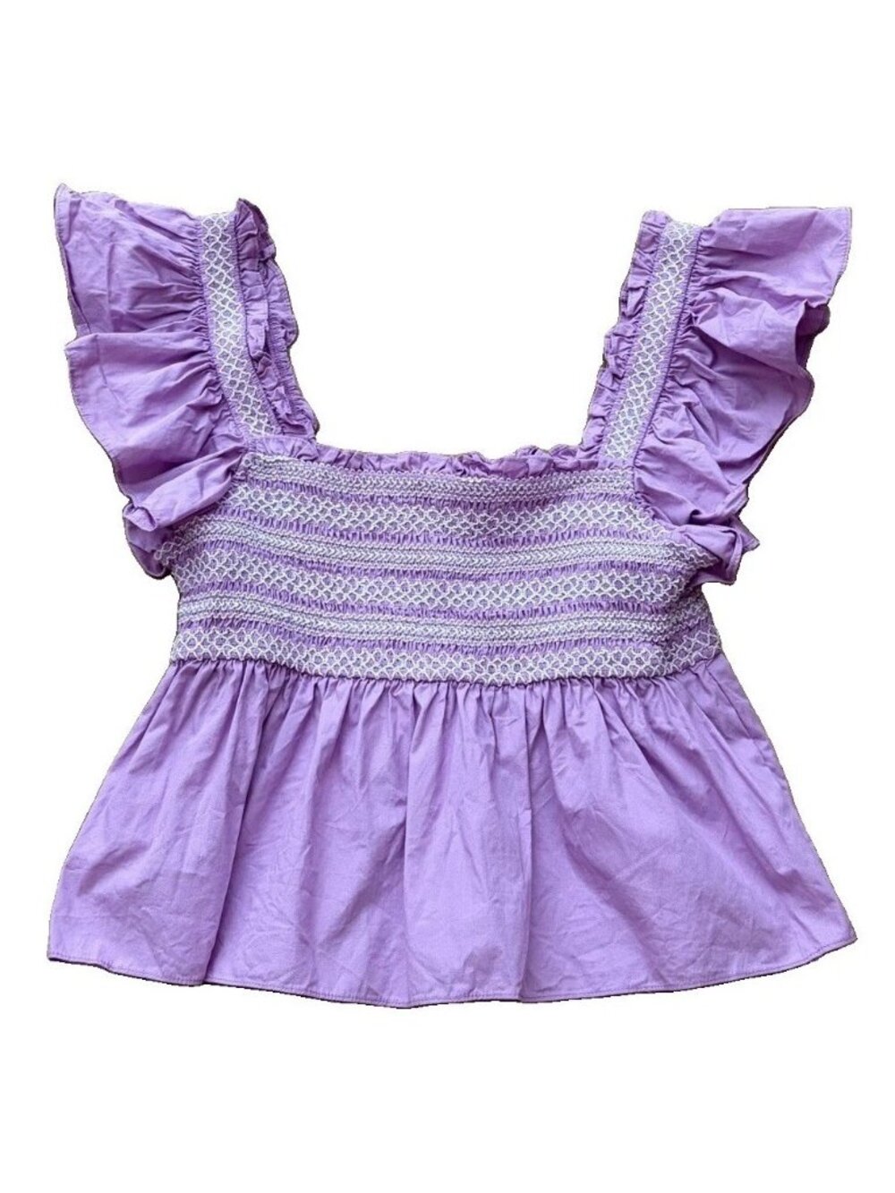 TCEC Women’s Large Lilac Stretch Smock Cotton Flutter Sleeve Crop Top